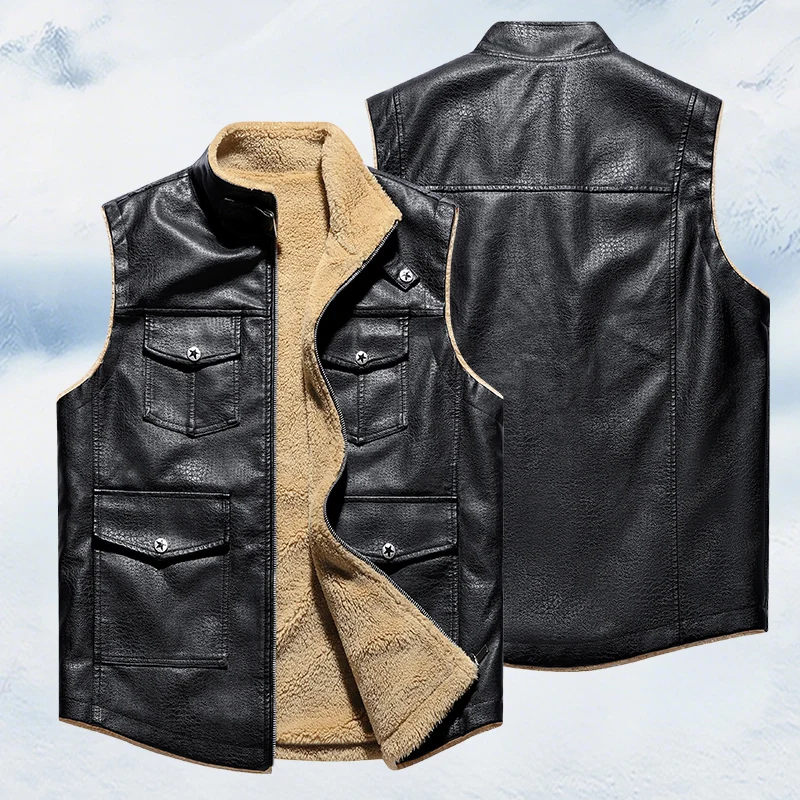 

Massgorule New Men's Autumn Winter Leather Vest Stand Collar Solid Zipper Jacket Fashion High Quality Jacket Casual Jacket Vest