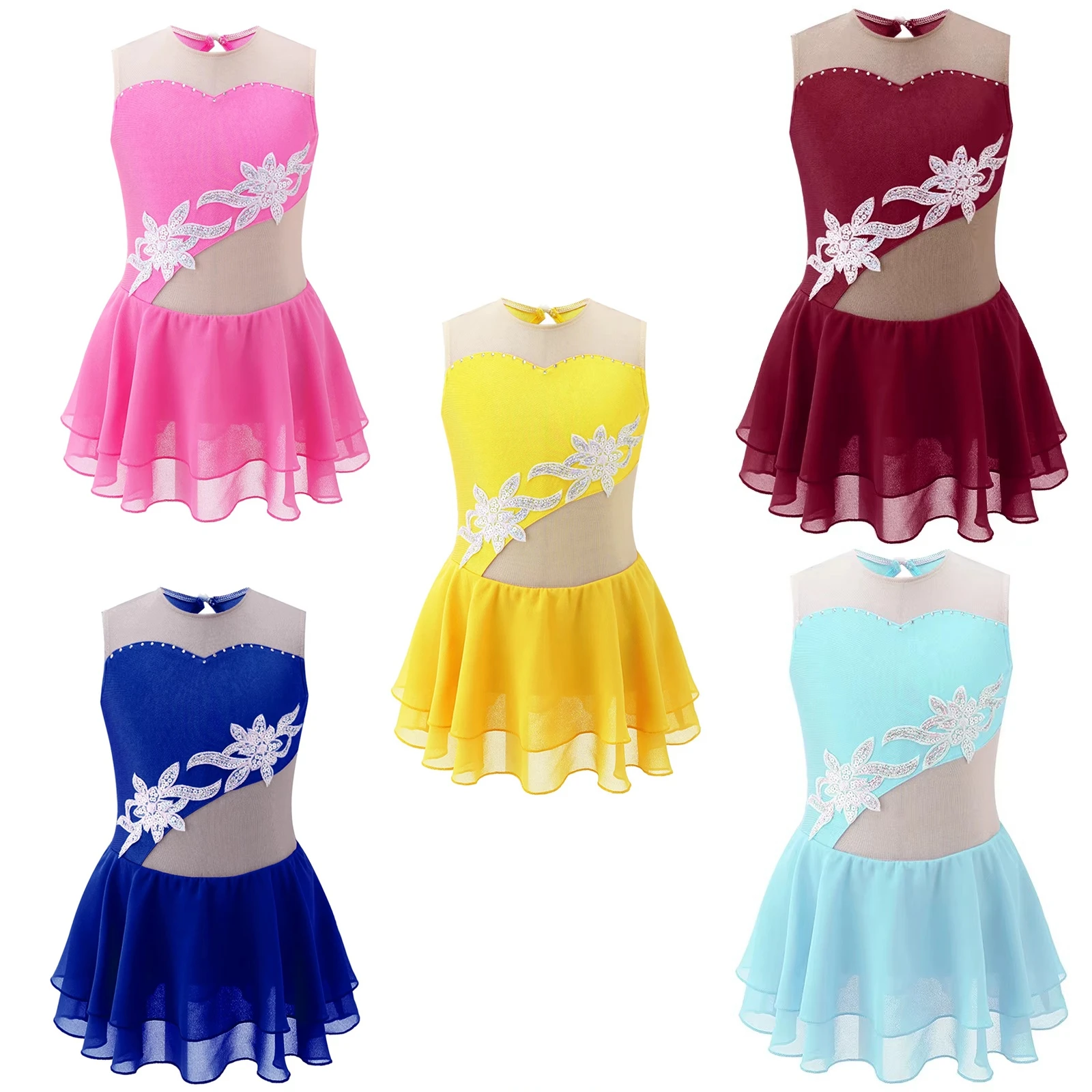 สาว Rhinestone เงาเลื่อมดอกไม้ตกแต่ง Patchwork สเก็ต Dancewear ยิมนาสติก Leotard กระโปรงบัลเล่ต์เต้นรําเครื่องแต่งกาย