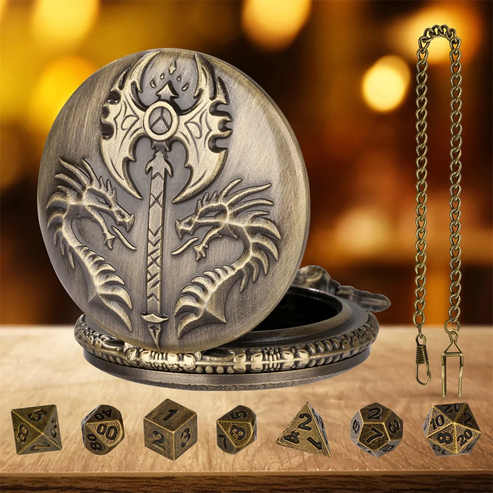 Vintage Double Dragons Head Full Hunter Alloy Metal Pocket Watch Case with 7pcs Mini Dices Set Retro Gift for Game Dice Lovers