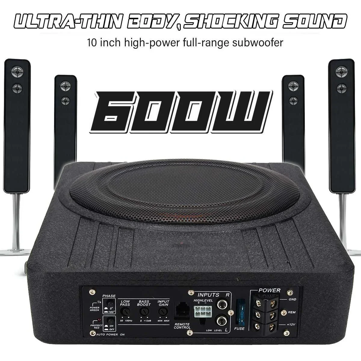 Car Subwoofer Car Audio 10 Inch 12V 600W Slim Under Seat Active Subwoofer Bass Amplifier Speaker Car Amplifier Subwoofers Woofer