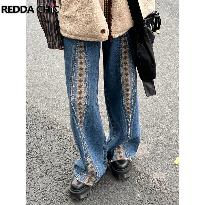 

ReddaChic Holy Eye Knitted Women Baggy Jeans Fair Isle Crochet Pattern Raw Edge Stitch Wide Leg Denim Pants Boho Vintage Clothes