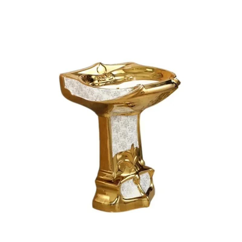 Luxury bathroom pedestal sink ceramic floor standing western style gold plating wash Bathroom  Basin