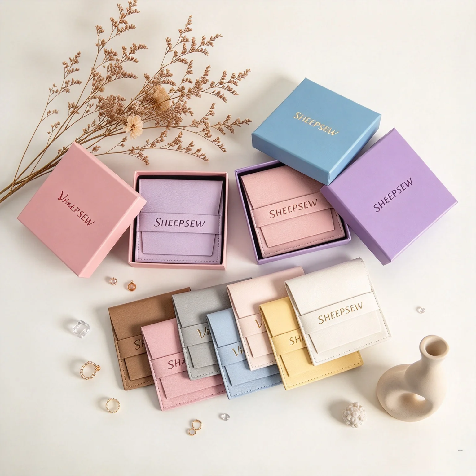 SHEEPSEW Custom Logo Personalized Jewelry Packing Set 9x9x3cm Paper Jewelry Box & 8x8cm Microfiber Strip Suede Velvet Pouches Ri