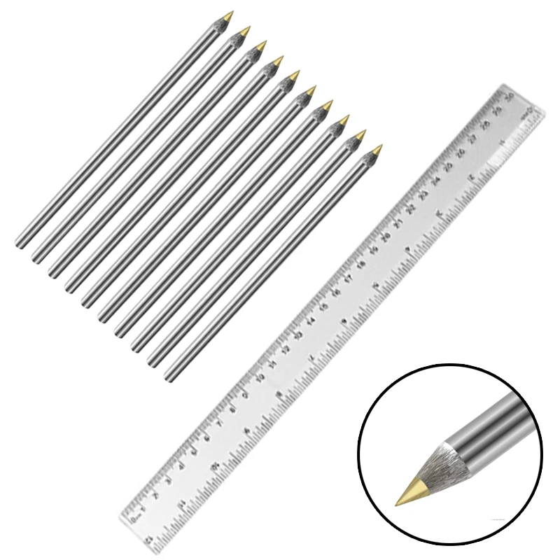 11Pcs Scriber Hand Tool Set Metal Marker Engraving Pens With 30cm Ruler Professional Hard Metal Lettering Pen For Wood Carving