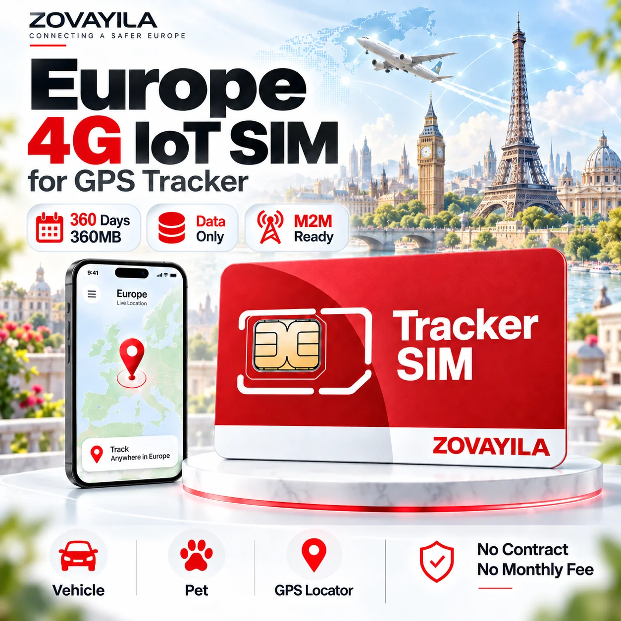 Europe 4G GPS Tracker SIM Card 360 Days 360MB Data Only IoT M2M SIM for Vehicle Pet Asset Tracking ZOVAGOLO