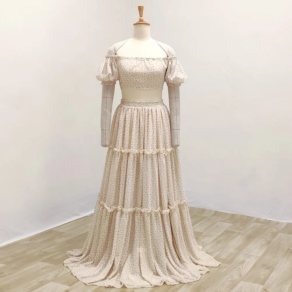 

Maternity Dress For Baby Showers Printed Chiffon Off Shoulder Puff Sleeve Two-Piece Adjustable Uniform Size Pregnant Women Dress