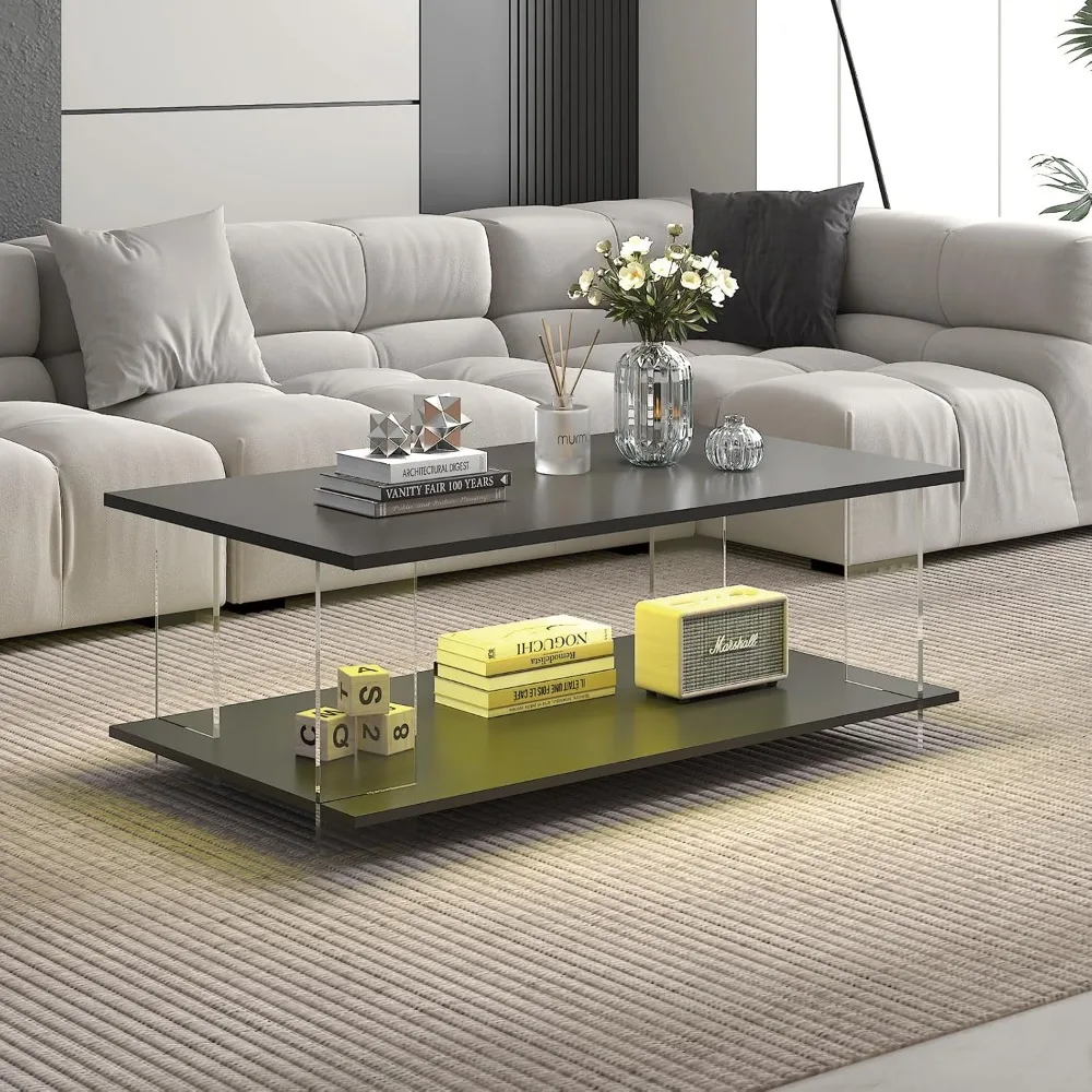 

43-дюймовый акриловый журнальный столик с черной деревянной столешницей, минималистичные стильные современные прямоугольные центральные столы для гостиной, светодиодные гостиные Ro