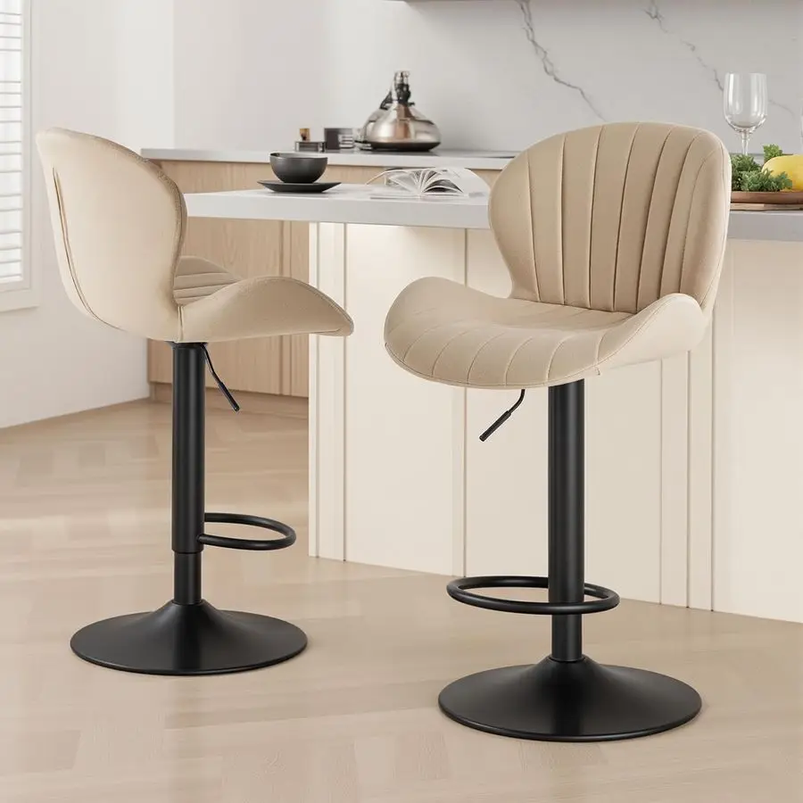 

Bar Stools Set of 2, Modern Swivel Bar Chairs, Adjustable Fabric Upholstered Barstools Counter Height with Backrest for Bar, Ki