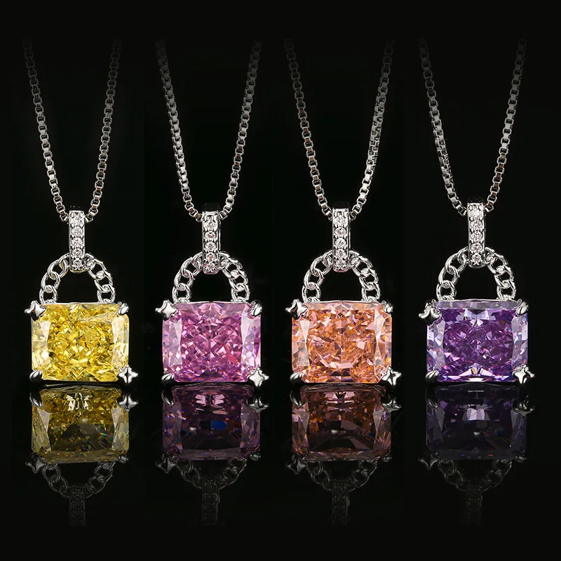 

Luxury Purple Pink Yellow Orange Padlock Lock Shape Necklace Square Cubic Zirconia Chain for Women Wedding Party Jewelry Gift