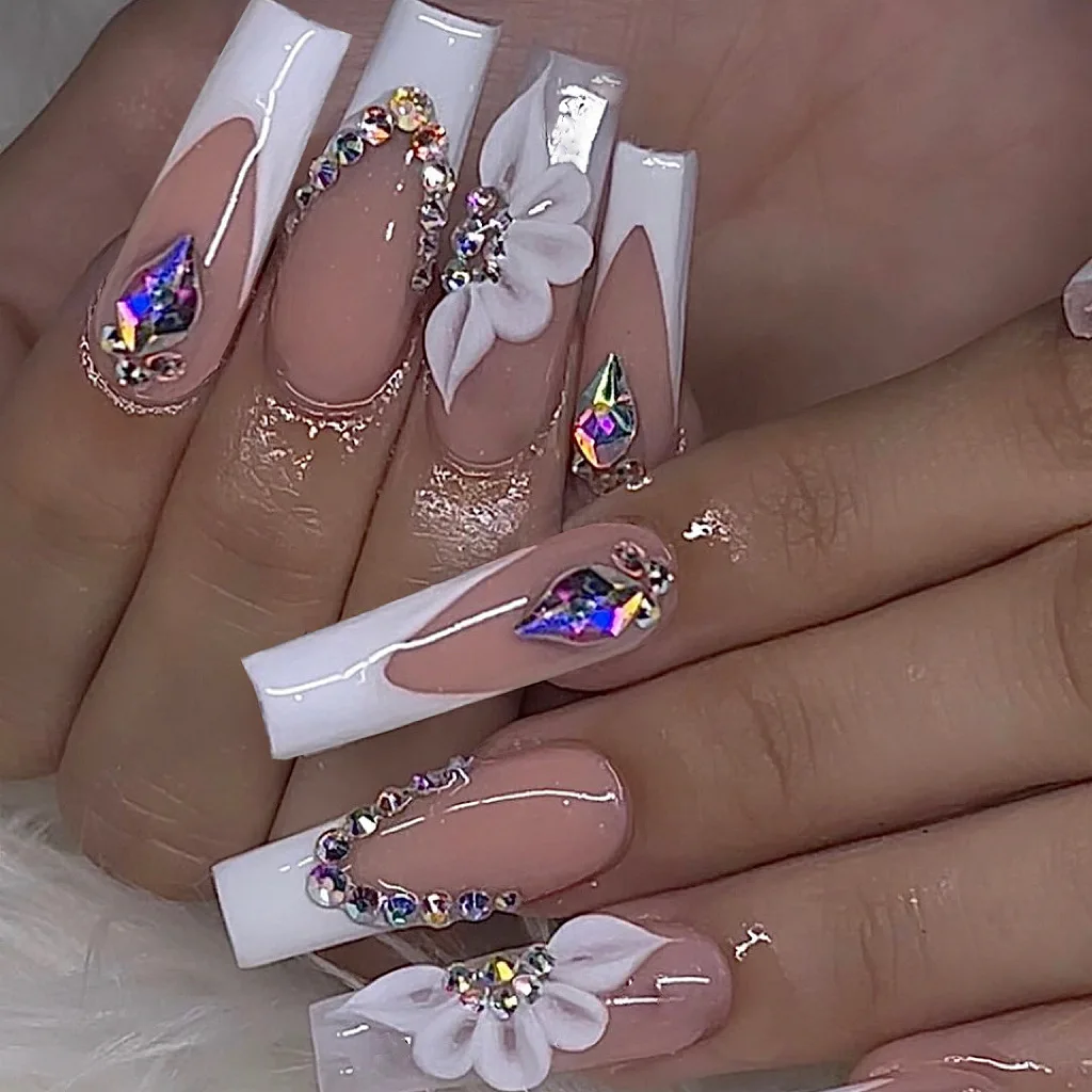 24 pcs Long T colorful flower core fake nail Love With Diamond False Nail Waterproof Gel Fake Nails pressed on the nail