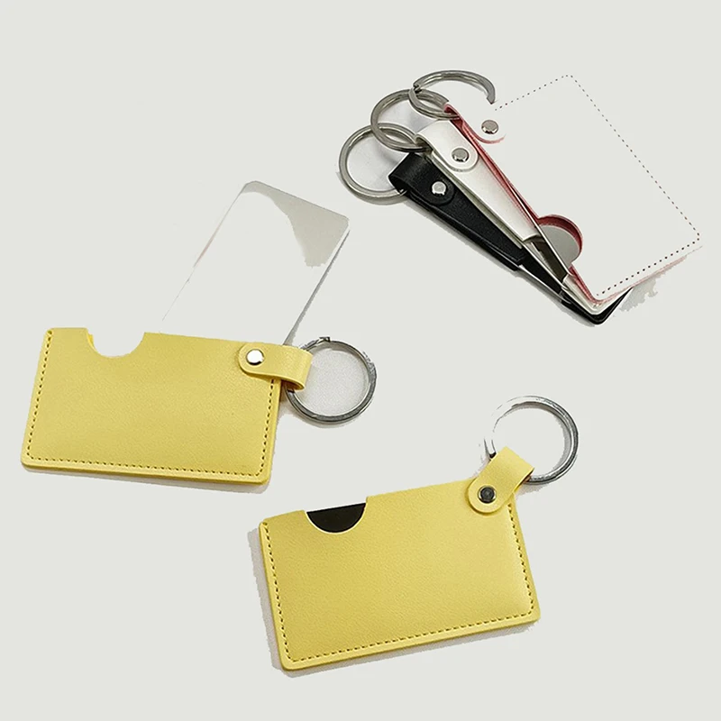 Stainless Steel Shatter-Proof Ultra-thin Cosmetic Mirror With Keyring Portable PU Leather Sleeve Pocket Card Mirror Makeup