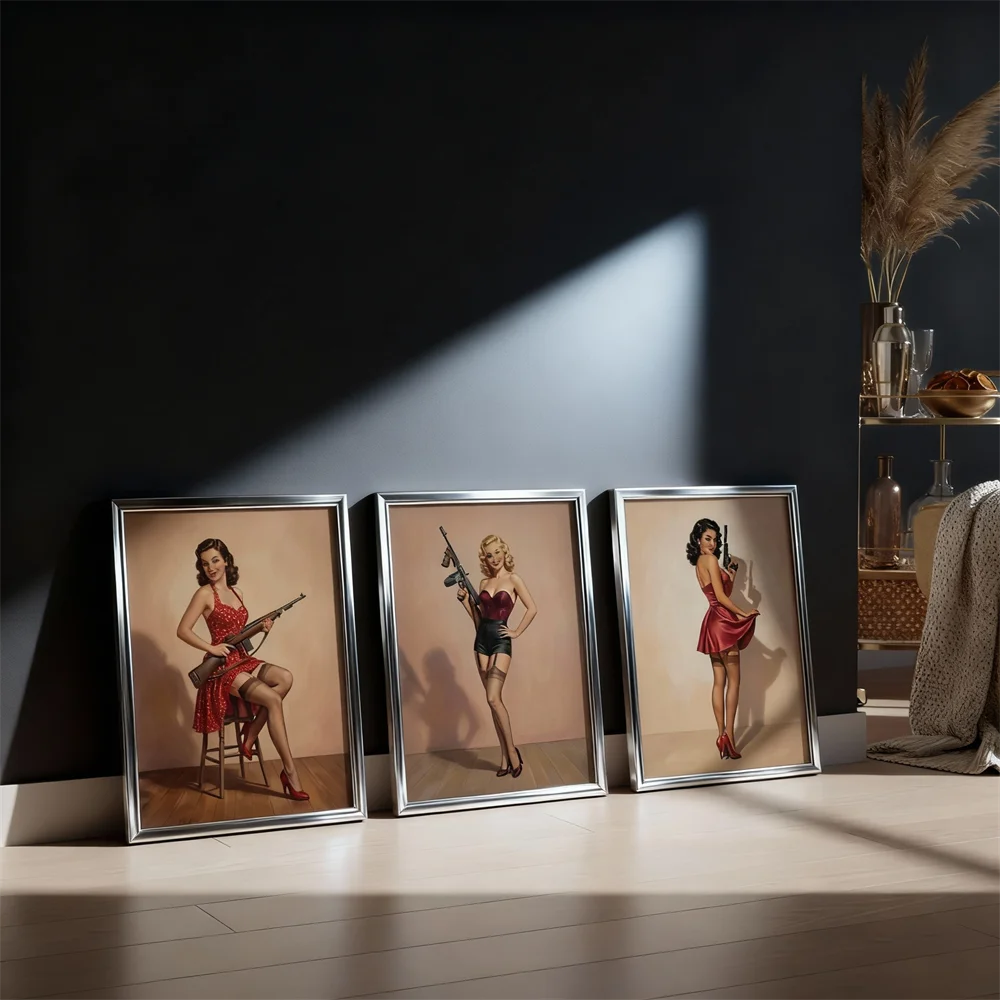 Retro Poster Girl, Sexy Brown-haired Woman, Pistol Wall Decoration, Canvas Painting, Home Room Living Room Decoration Pictures