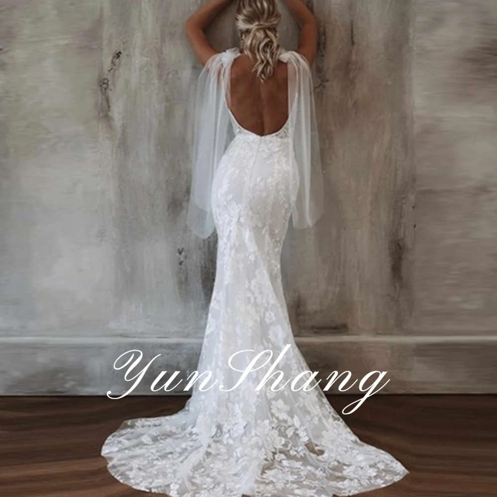 Yunshang Elegant Mermaid Wedding Dresses 2024 Lace V-Neck Spaghetti Straps Open Back Bridal Gown Sweep Train Vestidos De Novia