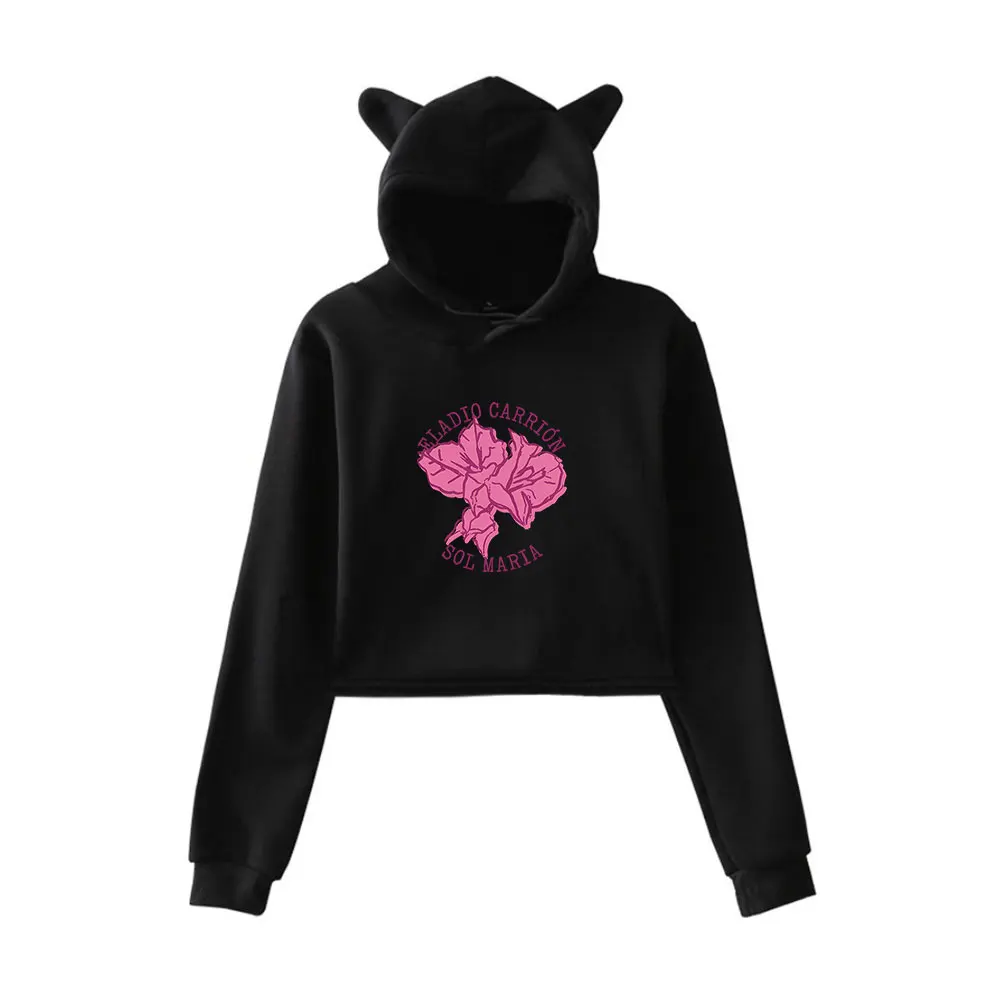 Eladio Carrion Sol Maria Cat Ear Hoodie Women Long Sleeve Cropped Sweatshirts Female Casual Streetwear Crop Tops