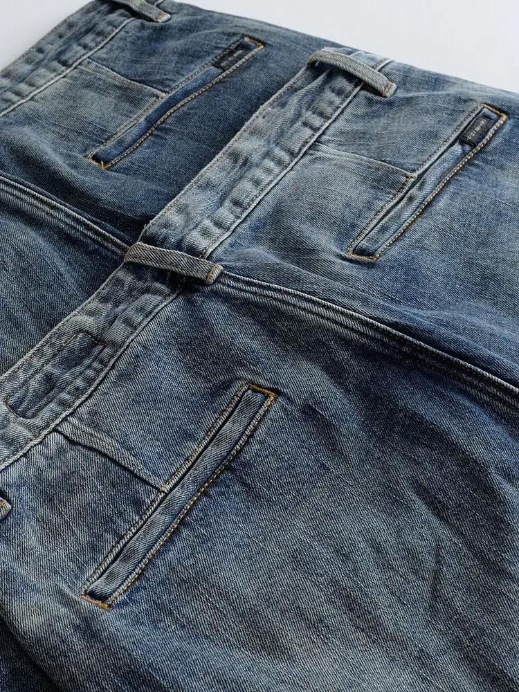 Men\'s Dark Blue Distressed Denim Cargo Pants with Knee Patches Loose Fit Cuffed Ankle Jeans Casual Leggings Drawstring Trousers