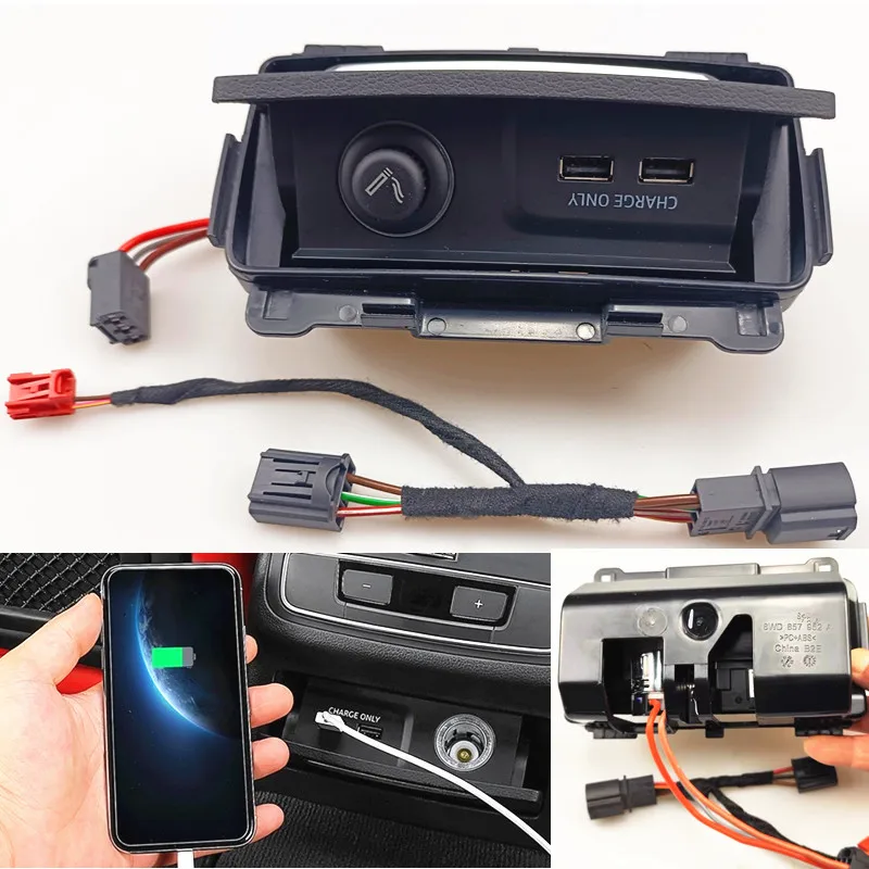 car interior rear 12V Cigarette Lighter&double usb charger ports charging module with install cable For Audi A4 B9 A5 2017 2018