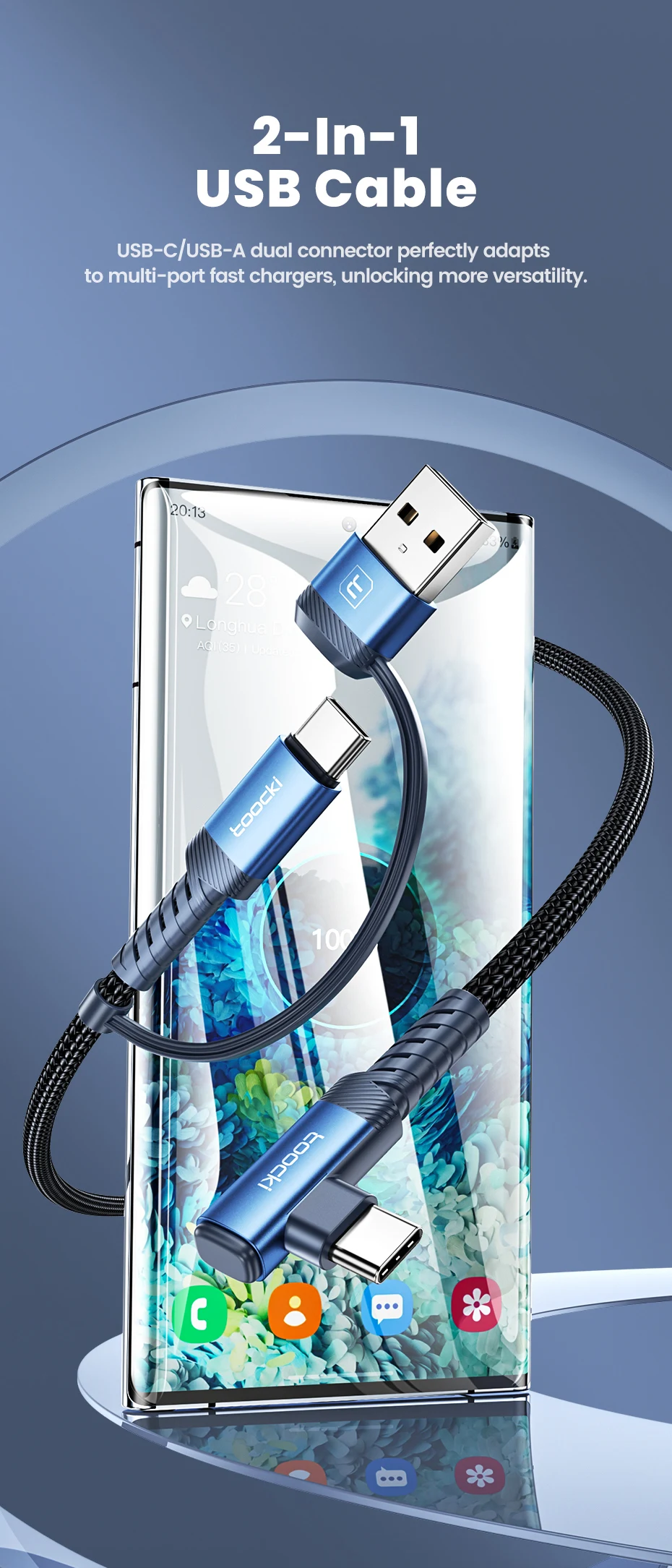 Toocki 2-in-1 Winkel-USB-C-Kabel, 2m PD 60W USB-C zu USB-C 3A Schnellladekabel für iPhone Samsung Xiaomi Huawei Datenkabel – Detail 3