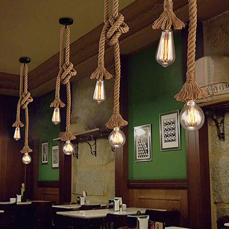 

American Vintage Hemp Rope Pendant Lamp Restaurant Bar Cafe Industrial Decoration Pendant Lights Hand-woven Rope Luminaires