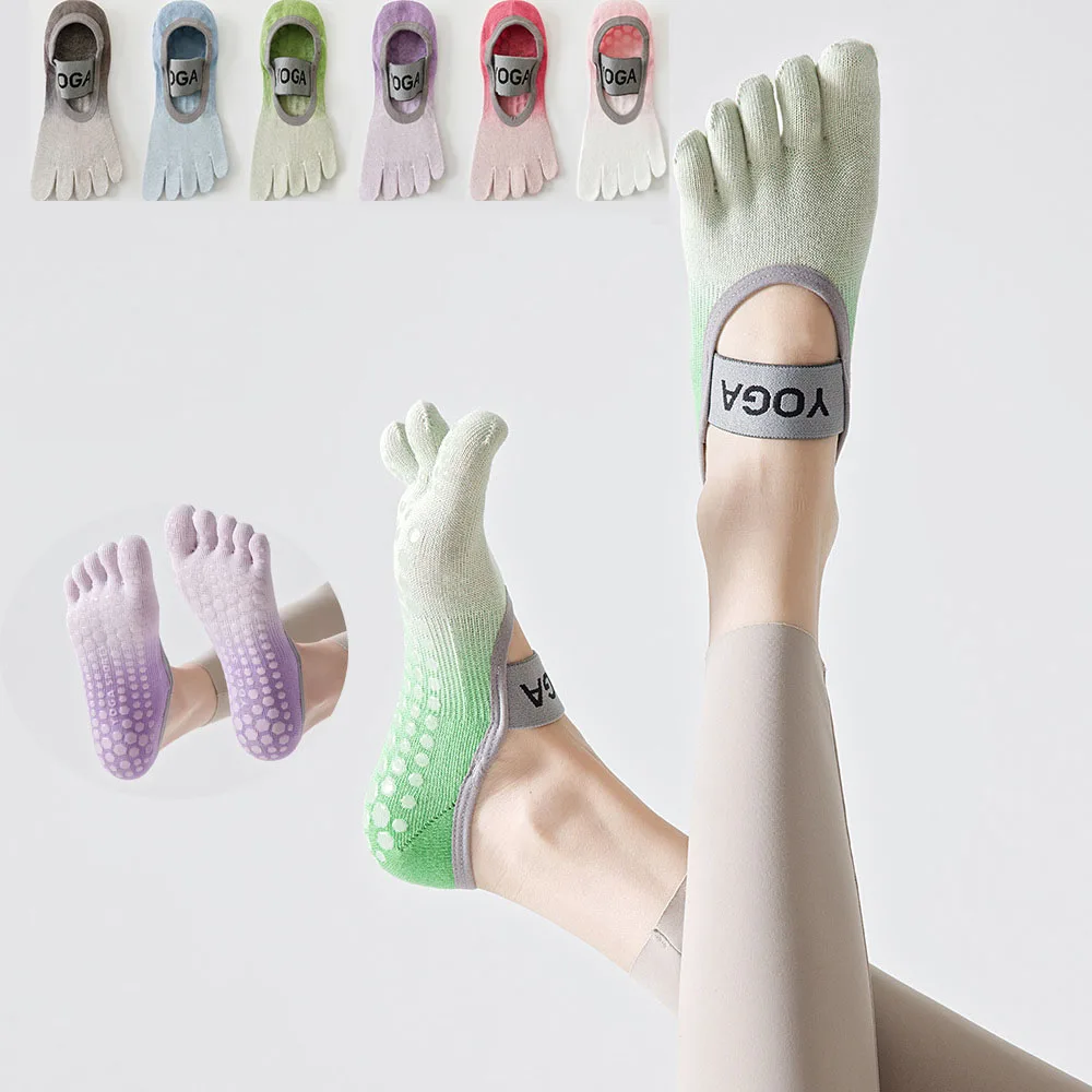 

Full Toe Yoga Socks Women Cotton Gradient Silicones Non-slip Grip Five Toe Pilates Socks