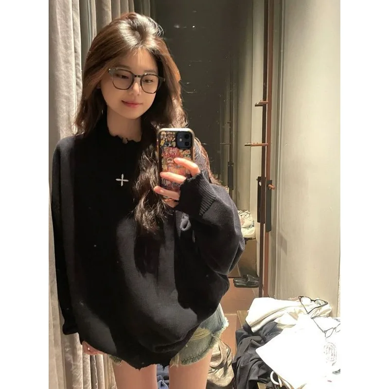 Deeptown Autumn Vintage Black Sweater Women Oversized Gothic Streetwear Korean Fashion Knitted Jumper Winter Aesthetic Pullover