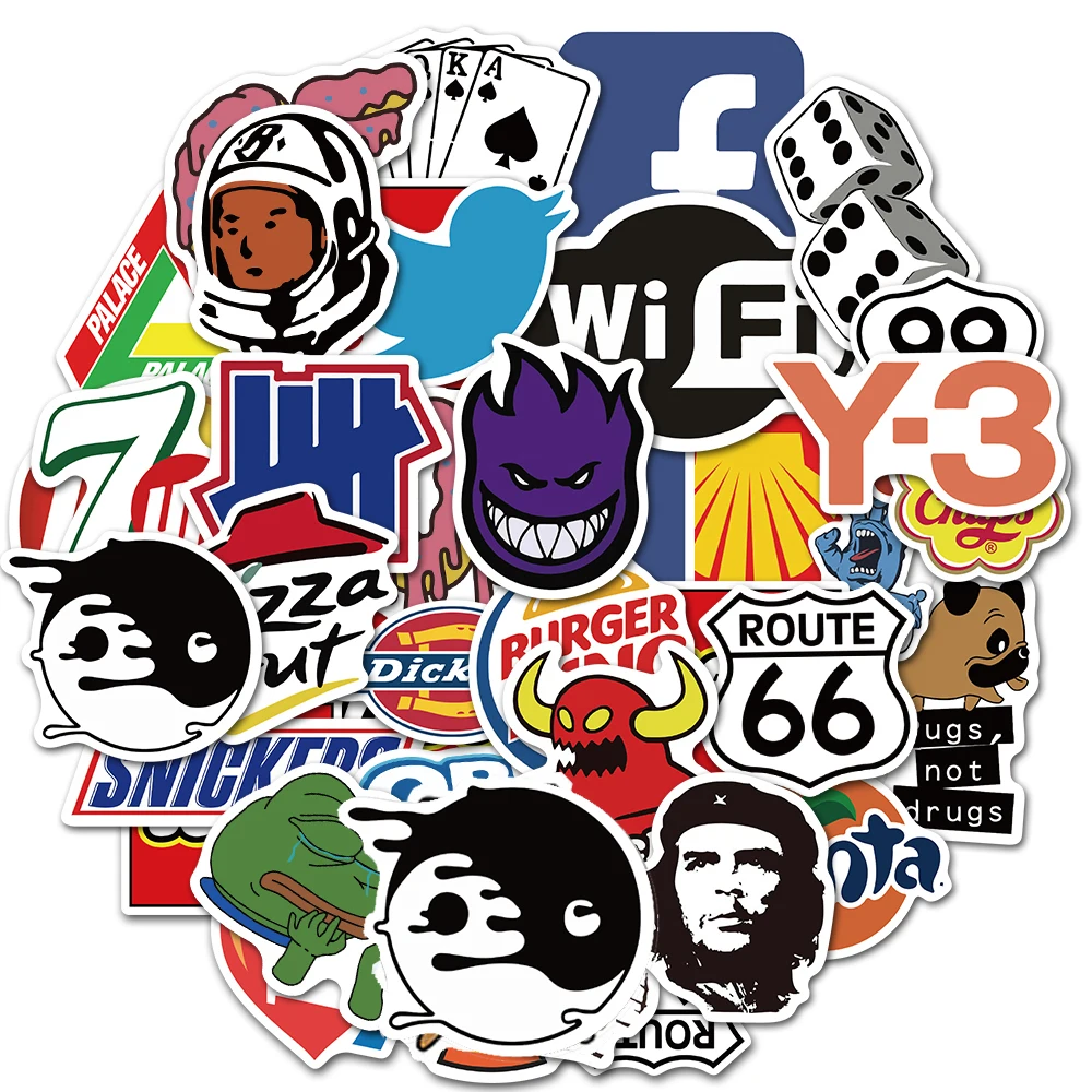 10/30/50/100pcs Fashion Cool Brand Logo Stickers Aesthetic Cartoon Decals Toy DIY Skateboard Laptop Car Graffiti Sticker for Kid