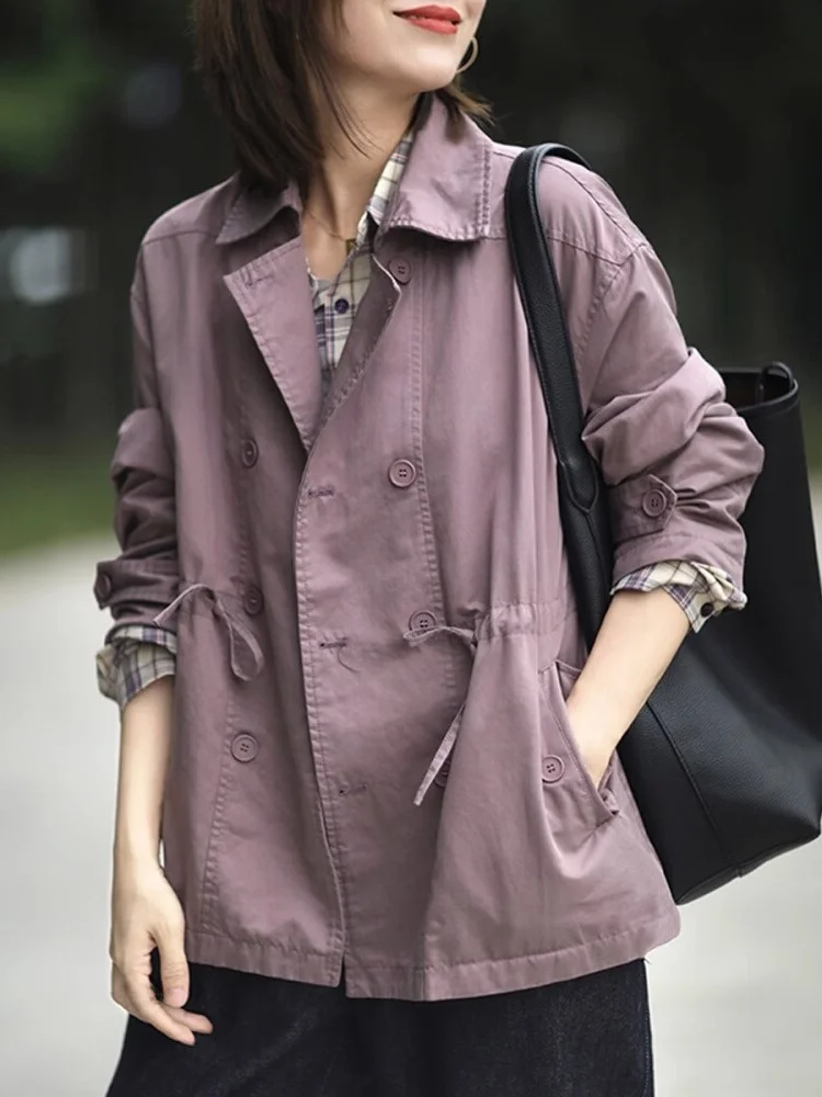 

Women's Cotton irt Jaet Waist Dstring Pure Color Spring Autumn High-End Anti-Aging Windbreaker Outerwear