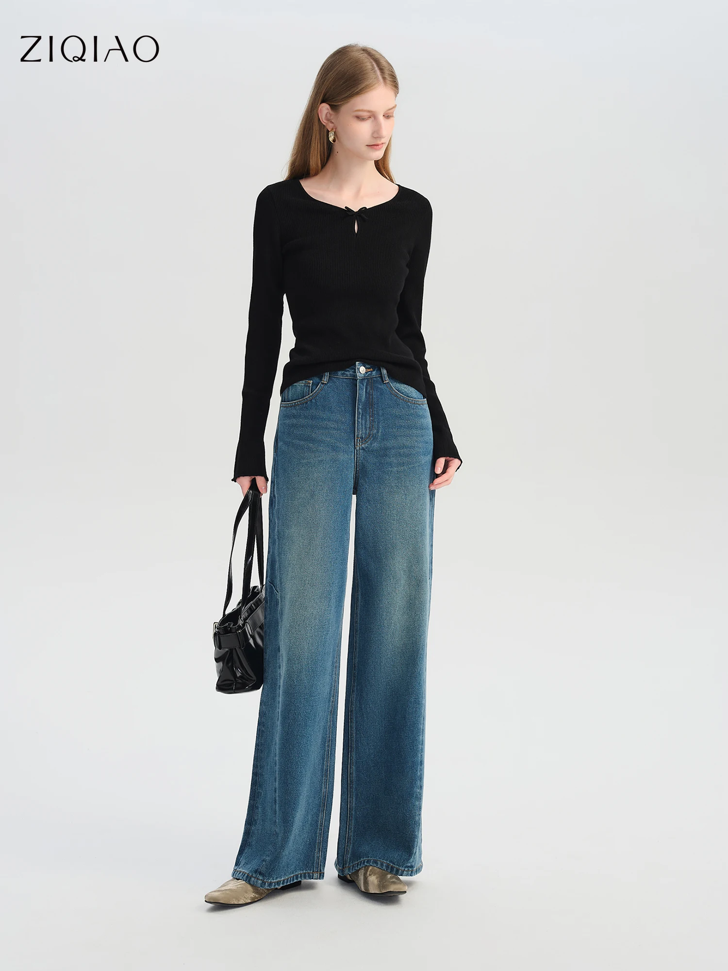 

ZIQIAO Retro Emerald Green Wide Leg Jeans Women 2025 New Style Floor-Mopping Pants Straight Leg Drape Pants 25ZQ93007