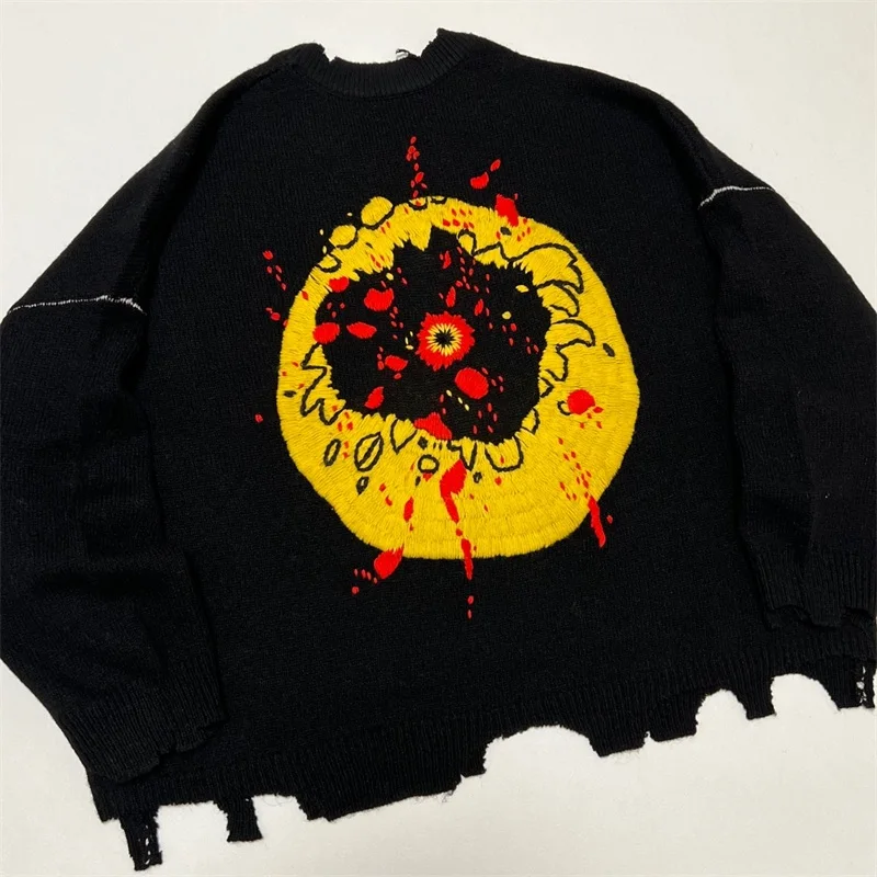Black Oversized SAINT MICHAEL Men's Sweater Heavy Industry Embroidery Top Quality Cactus Jack CPFM Pullovers