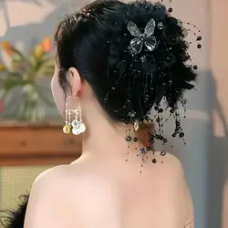 Elegant New Women Handmade Headdress Pearls Floral Tassel Party Black Hair Claws Female Fashionable  Hairpin Ladies Shark Clips
