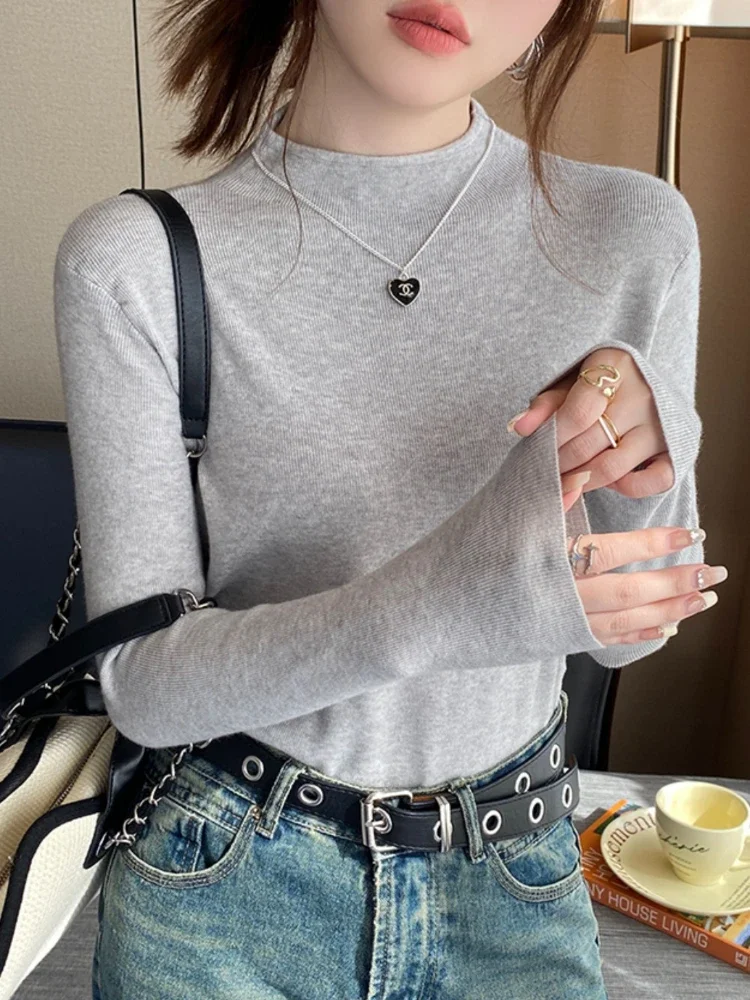 Sweter damski z golfem na wiosnę i jesień, modny, dopasowany, elastyczny, dzianinowy pulower damski, koreański, z długim rękawem, prosty top bazowy.