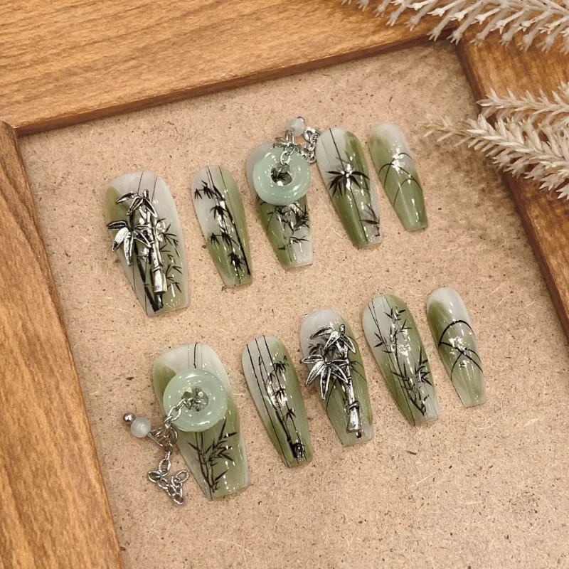 10 Stuks Handgeschilderde Bamboe Chinese Stijl Groene Jade Valse Nagels Lange Nep Pers Op Acryl Nagels Handgemaakte Nep Nagels Met Lijm