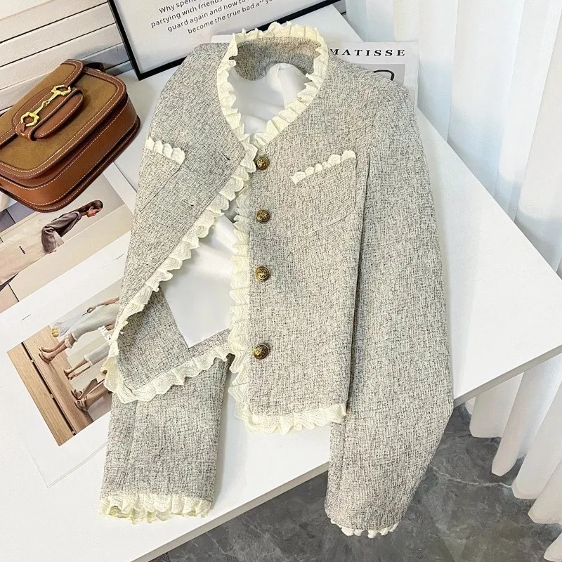 

Lace Stitching Small Fragrance Short Coat Female New Spring Temperament Fashion Casual Elegant Long Sleeve Lady Coats Outerwear
