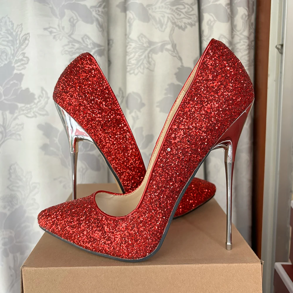 2024 New Arrival 16cm Super High Heels Red Bling Bling Sexy Pumps Fetish Stilettos SM Drag Queen Cross Dresser Unisex Shoes