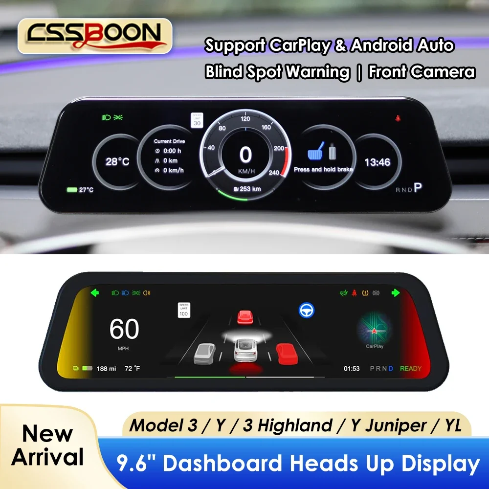 

CSSBOON for Tesla Model 3/Y Dashboard 9.6" HUD Display Support Carplay Andriod Auto Car Navigation Digital Cluster Screen
