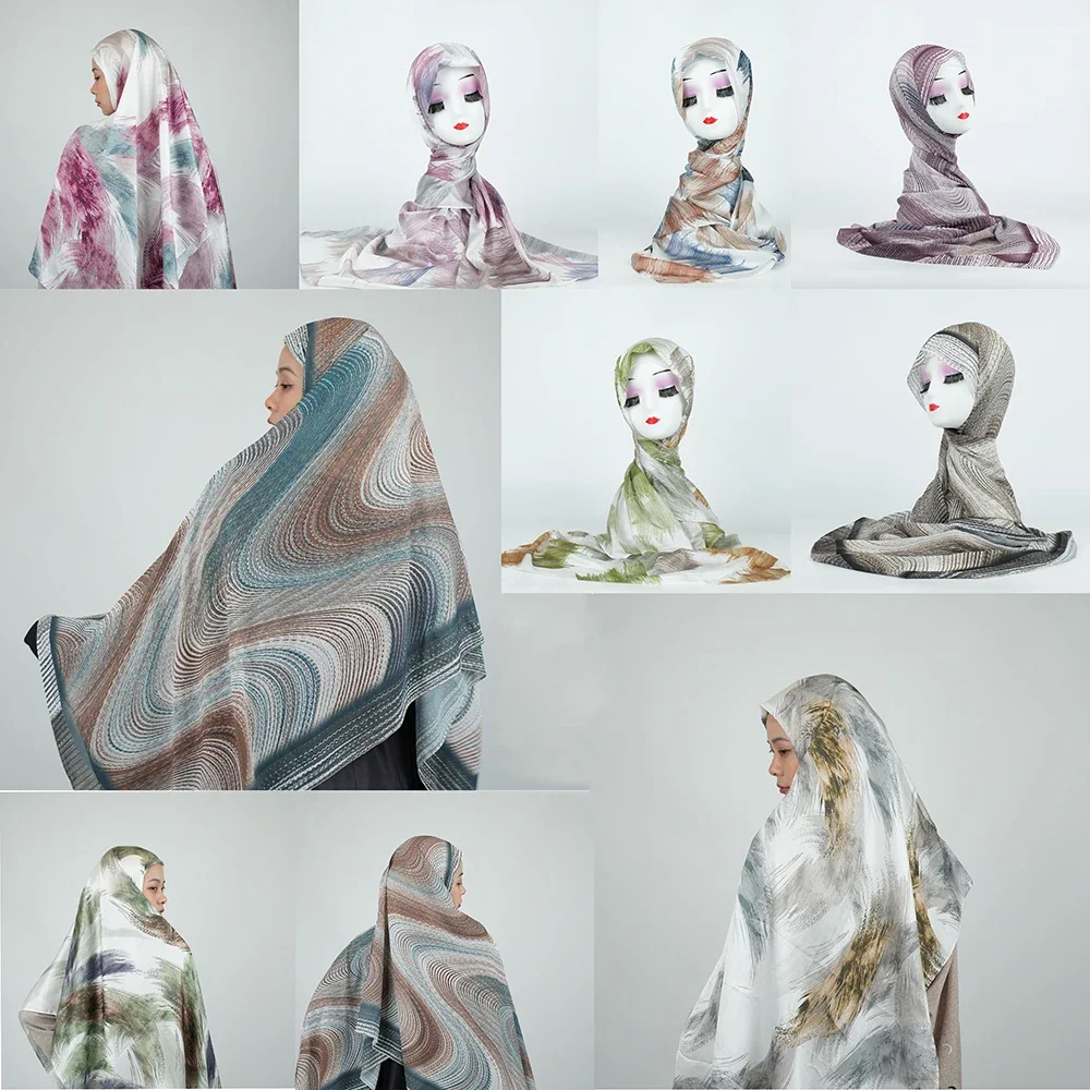 

Elegant Wave Rock Pattern Chiffon Hijab for Women Wrap Print Gradient Satin Scarf Muslim Fashion Sal Line Print 3 Styles