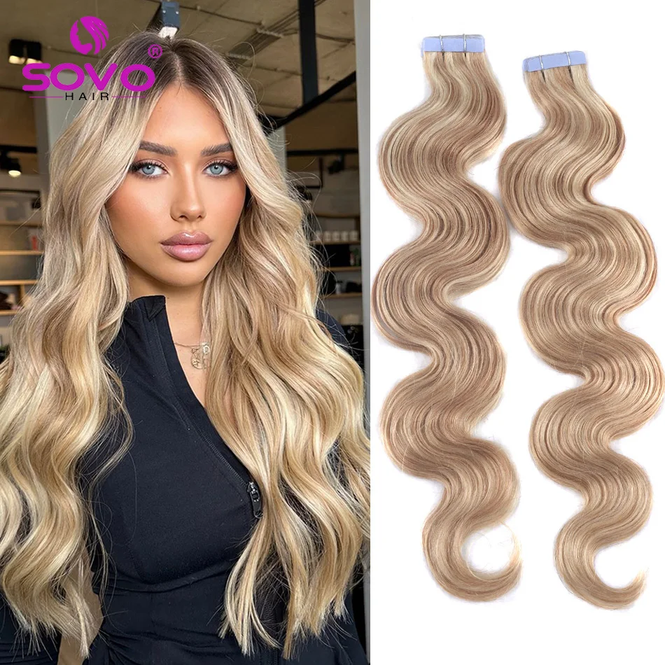 Body Wave Tape In Hair Extensions 100% Human Hair Seamless Skin Weft For Women #18/60 Honey Blonde Platinum Mix  2.0G 20P/40P