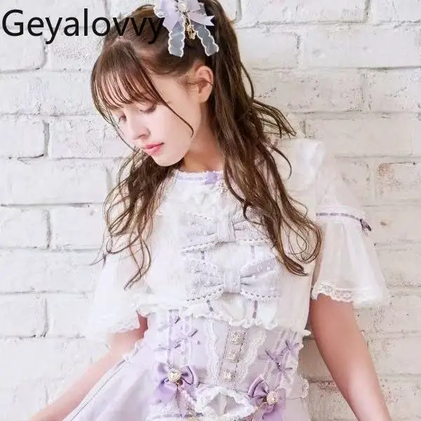 Japanese Style Liz Cute Diamond Button Bowknot Pearl Beaded Round Neck Shirt Summer Sweet Girls Versatile Short Sleeve Tops