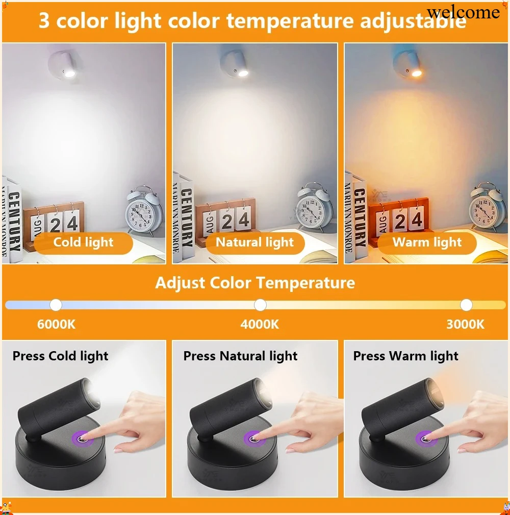 New 360° Rotatable Wall Lamp USB Rechargeable LED Wall Light Touch Magnetic Lights Reading Night Light Home Room Decoration Lamp