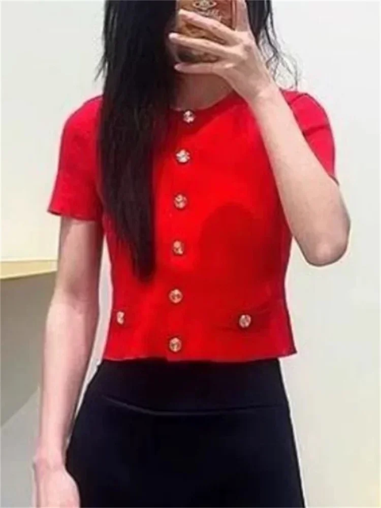 Red Women's Single-Breasted Knitted Cardigan Summer New Short Sleeve O-Neck Slim Fit Ladies Sweater Knitwear Tops