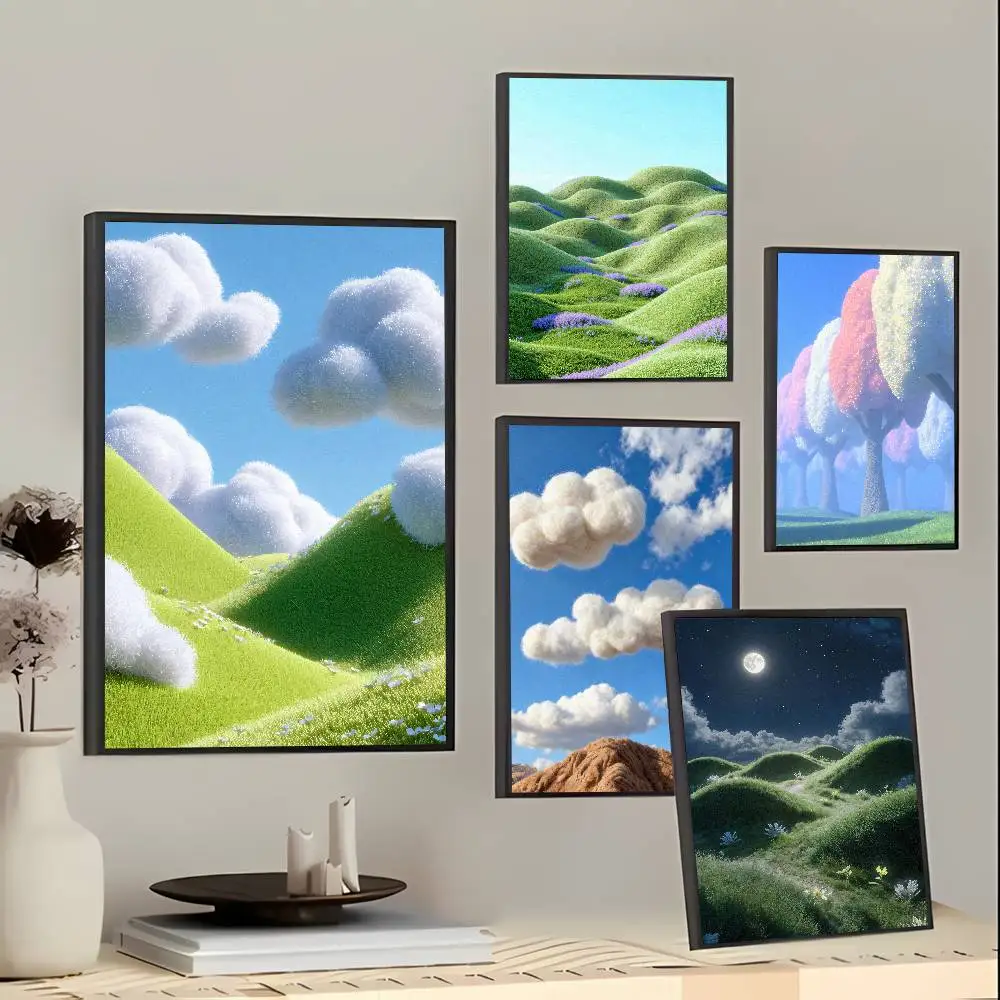 Dreamy Soft Green Rolling Hills Poster, Surreal Pasture Cloud Sky Scenery Wall Aesthetic Dreamcore Landscape Art Poster Decor