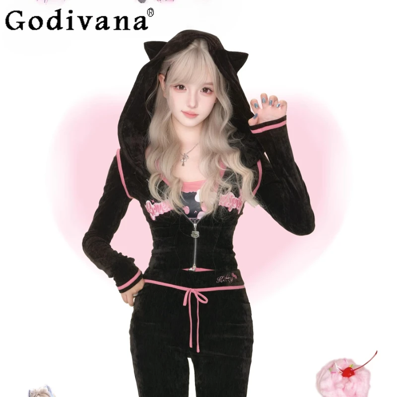 

Ladies Lolita Black Outfits Embroidered Jacket Rose Pink Printed Camisole Black Pants Suits Women's Japanese Style Set