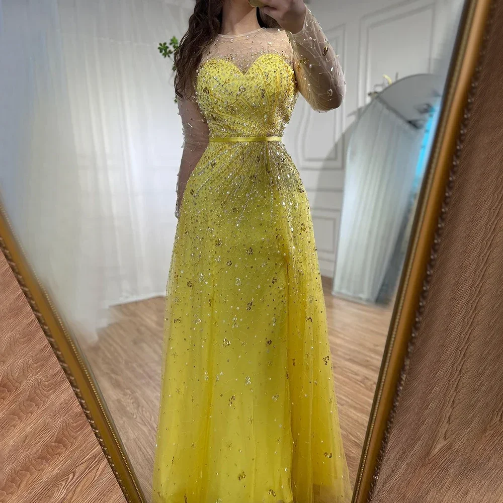 Serene Hill Yellow Long Sleeves Beaded Evening Dresses with Splits Wedding Party Gowns for Women DLA71916 Customized