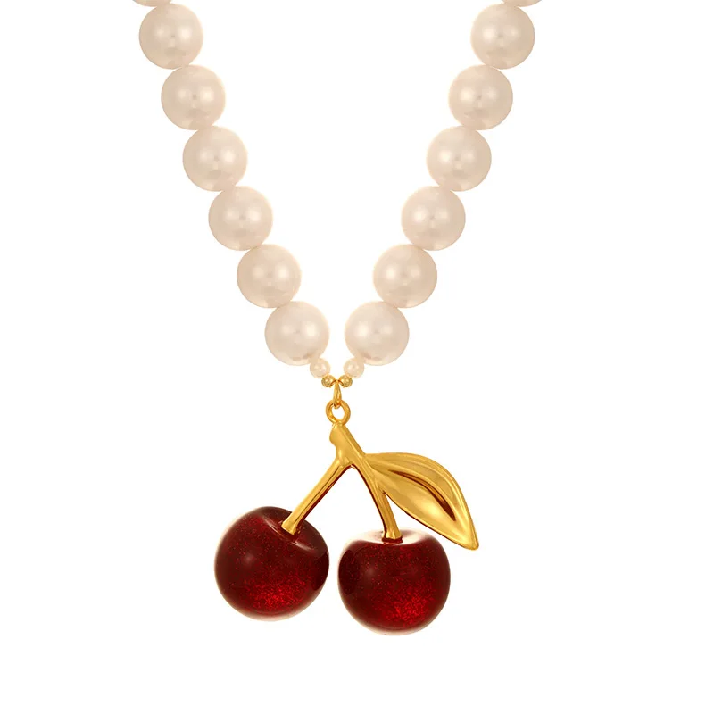 1PC White Copper Resin Cherry Pendant Beaded Pearl Necklace, Suitable for ladies everyday and party wear