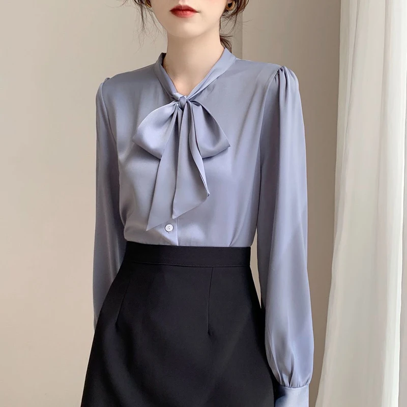 MEXZT Spring Solid Shirts Women Elegant Long Sleeve Bow Simple Chiffon Blouses Office Lady Korean Fashion Casual All Match Tops