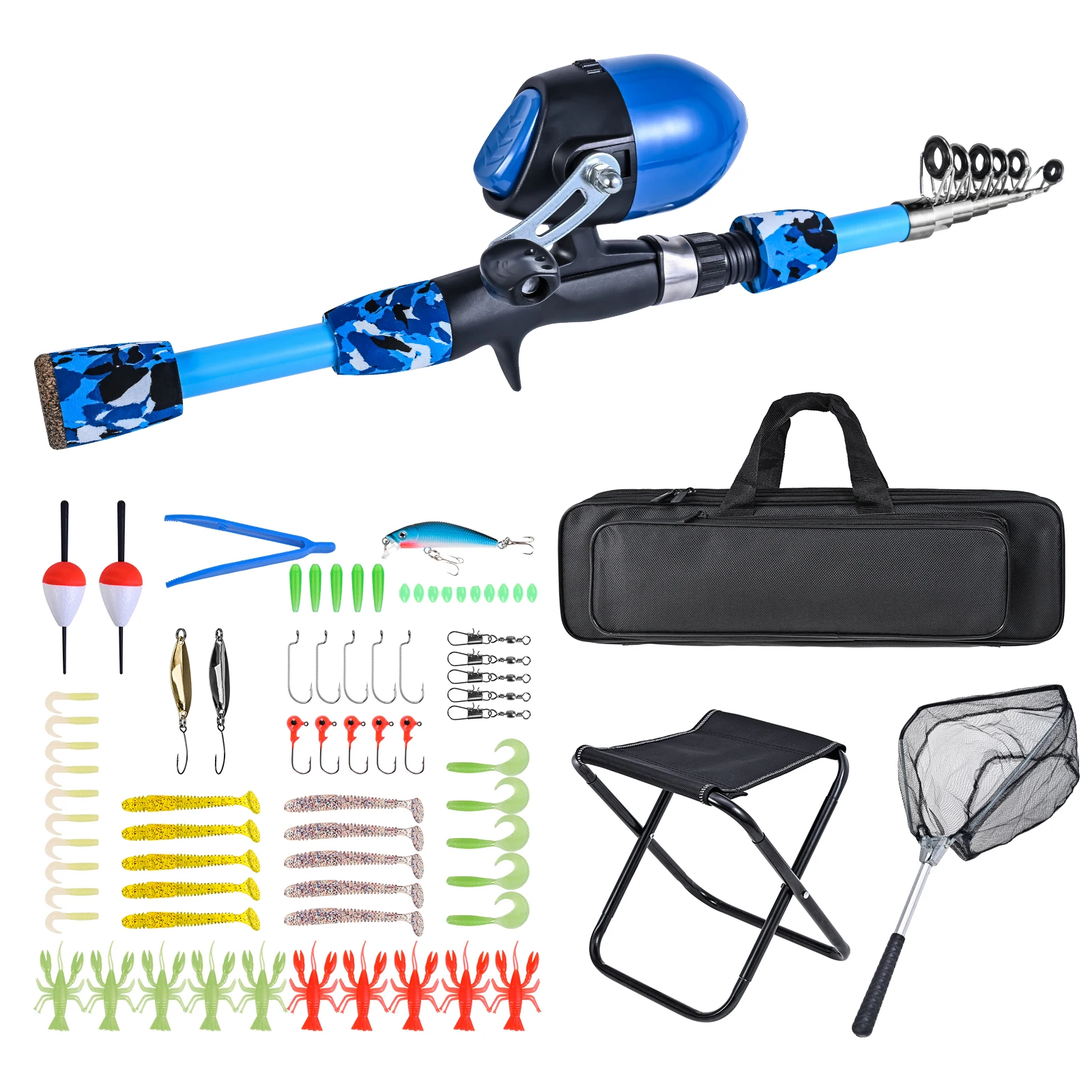 Kids Fishing Rod and Reel Combo with Collapsible Fishing Stool Landing Net Telescopic Fishing Pole Tackle Box
