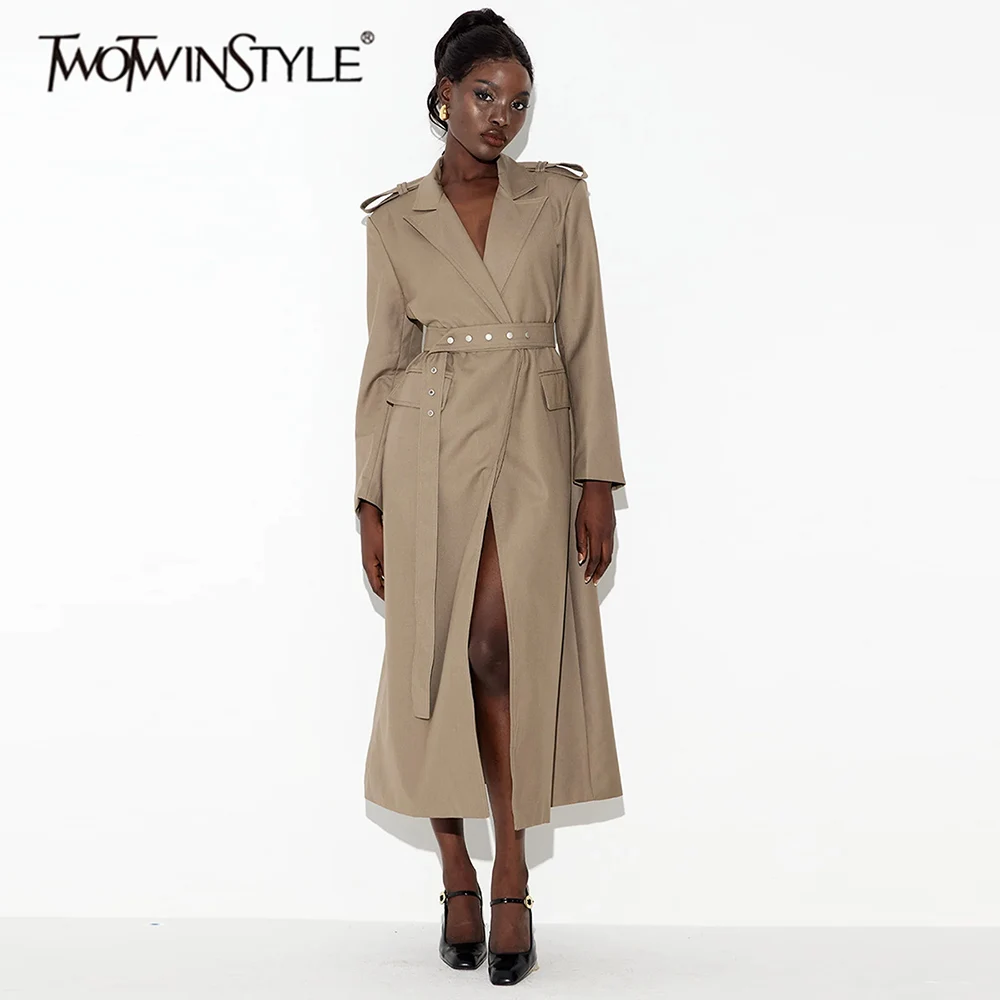 

TWOTWINSTYLE утягивающий пояс, модные тренчи для женщин, лоскутный однобортный тренч с лацканами и длинными рукавами, женская одежда