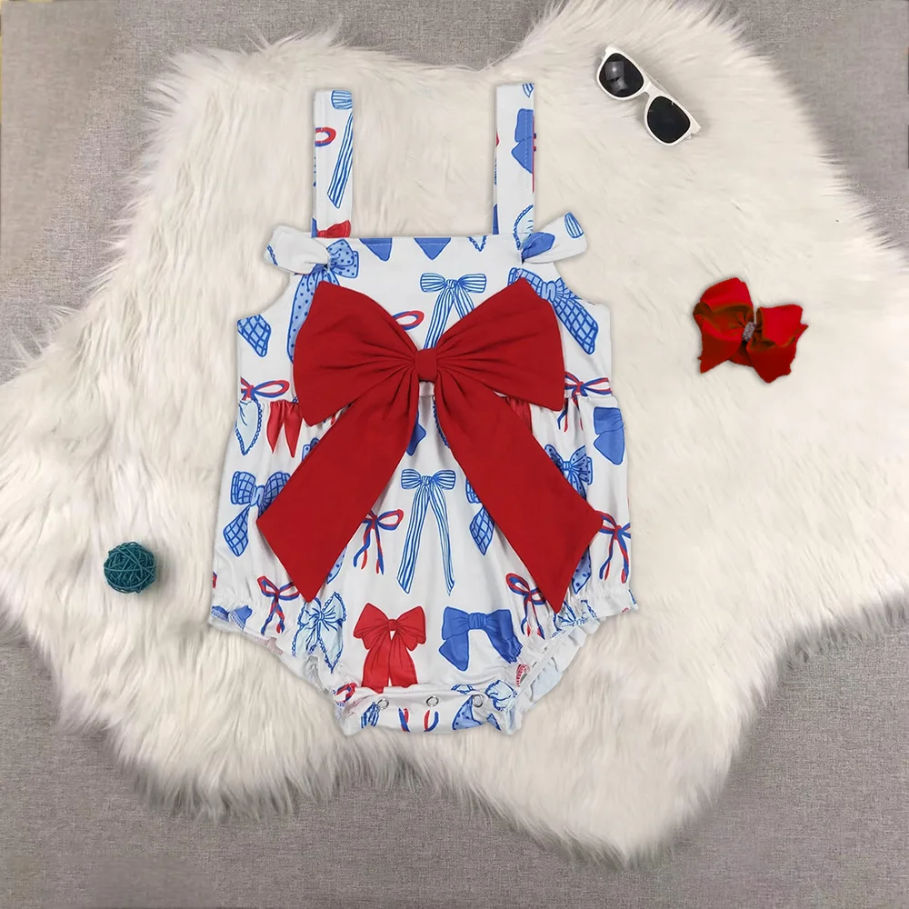 

Baby Infant Girls 4th of July Big Bows Straps Rompers