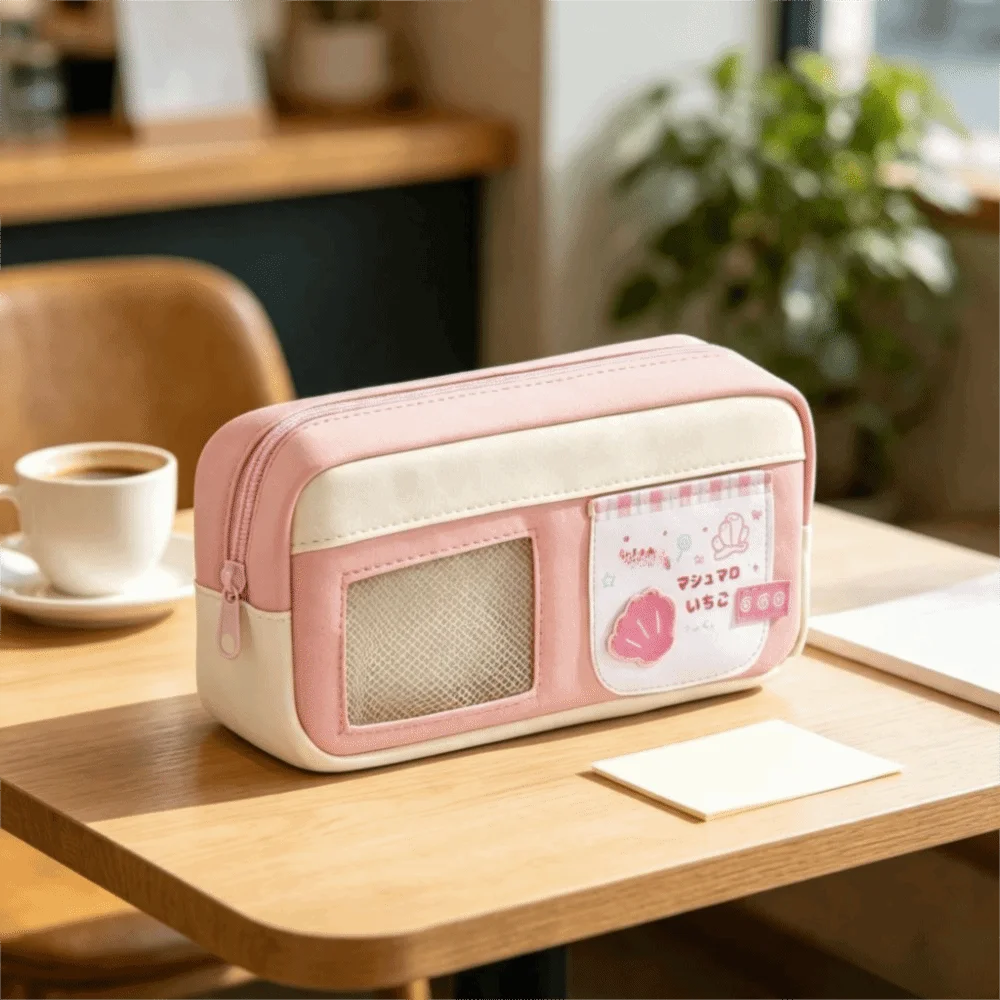 Large Capacity Pencil Case Clear Window Multi-Layer Pencil Bag Color Block Transparent Window Stationery Bag