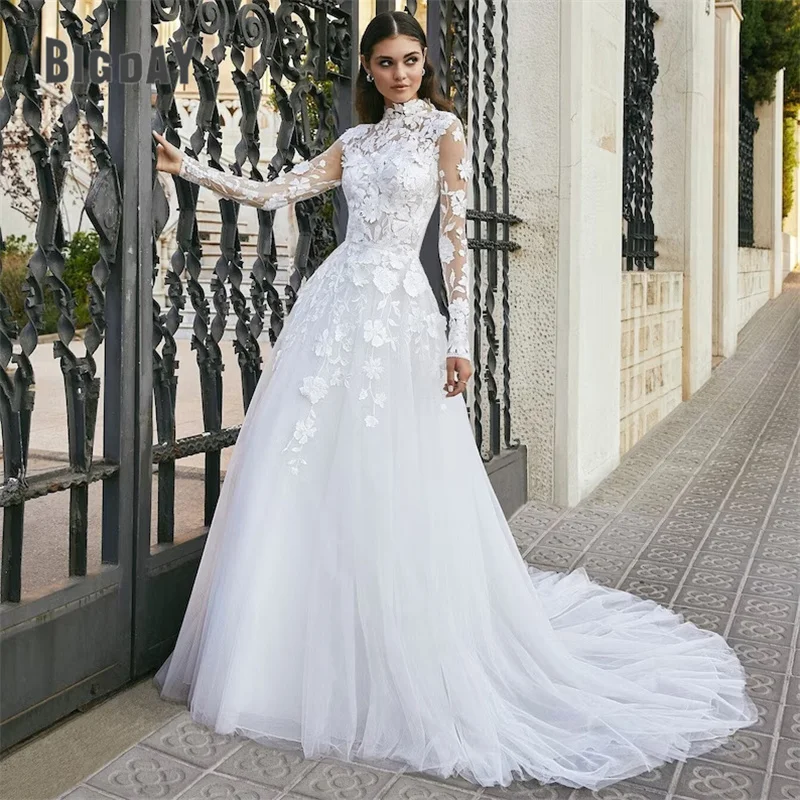 Elegant A-Line Wedding Dresses Women Lace Illusion Back Long Sleeve Lace High Collar Bridal Gown Sweep Train Vestidos De Noiva