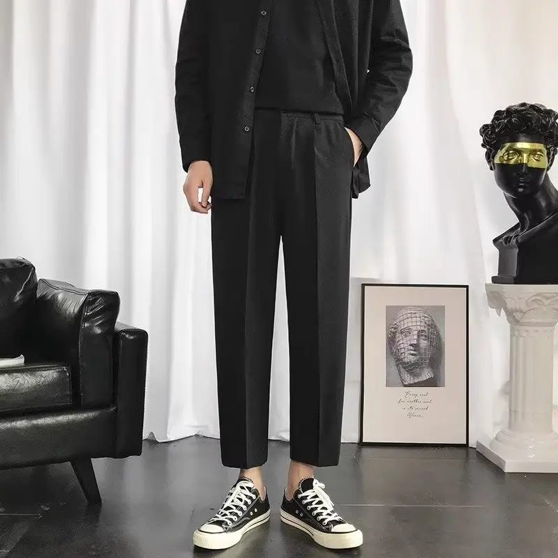 Black drooping elastic waisted trousers, men's trendy straight leg loose pants, casual suit pants